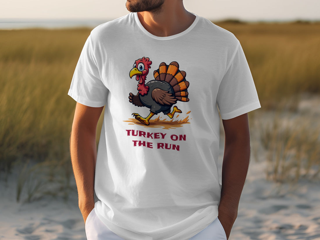 A blue T-shirt by Garment Graphics hangs on a wooden hanger, showcasing a funny cartoon turkey running over TURKEY ON THE RUN in bold red letters. Ideal for fans of witty designs, the graphic stands out against the textured gray wall.
