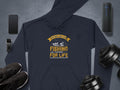 Garment Graphics blue fishing hoodie features the text Father and Son Fishing Partners for Life and is displayed alongside a smartphone, smartwatch, sneakers, portable speaker, and dumbbell weights on a grey background—ideal for fishing enthusiasts.