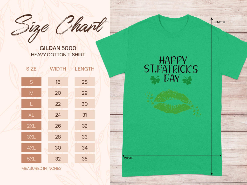 Garment Graphics presents a graphic T-shirt with Happy St. Patricks Day in black, two shamrocks, and a gold lip print. Sized S to 5XL, the shirt has a chart showing width and length in inches—ideal for celebrating with clovers and green lips!.