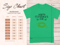 Garment Graphics presents a graphic T-shirt with Happy St. Patricks Day in black, two shamrocks, and a gold lip print. Sized S to 5XL, the shirt has a chart showing width and length in inches—ideal for celebrating with clovers and green lips!.