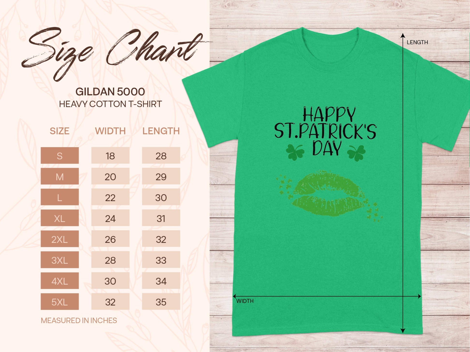 Garment Graphics presents a graphic T-shirt with Happy St. Patricks Day in black, two shamrocks, and a gold lip print. Sized S to 5XL, the shirt has a chart showing width and length in inches—ideal for celebrating with clovers and green lips!.