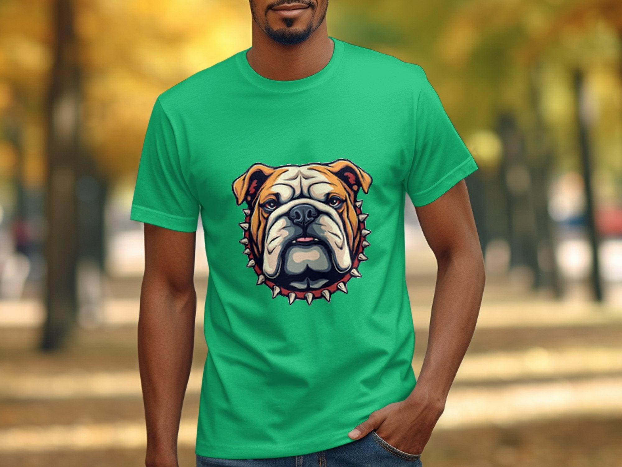 Someone is wearing a vibrant green T-shirt with a cartoon bulldog face set against blurred autumn trees. This family-sized Garment Graphics piece ensures everyone can enjoy the cool design.
