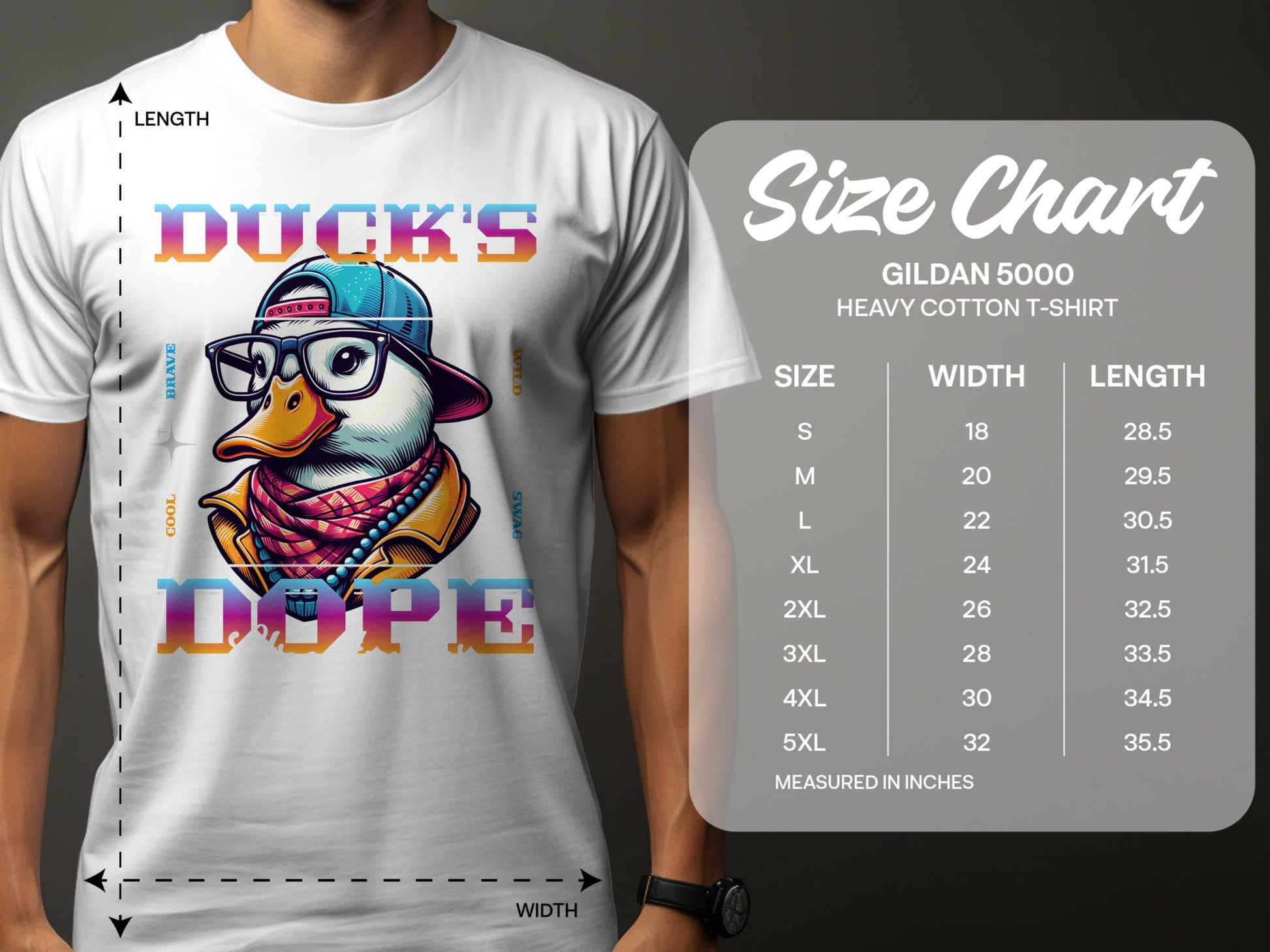 Someone wears the Garment Graphics Ducks Dope T-Shirt, featuring a stylish duck with glasses, hat, and scarf. Ducks Dope is written above the image. A size chart for the Gildan 5000 t-shirt is provided on the right.