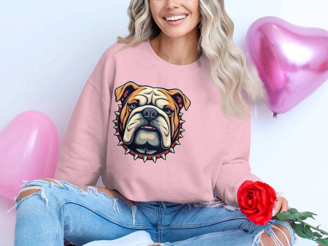 A flat lay displays Garment Graphics white unisex sweatshirt with a bulldog design, paired with a yellow jacket, pink loafers, sunglasses, makeup brushes and palette, nail polish, and a blue pouch—all set on wood. Perfect for everyone!.