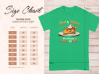 This Garment Graphics green T-shirt features the Hot & Spicy Pie Design with a slice of pie and the text Hot & Spicy, You Wanna a Piece of Me? Includes a Gildan 5000 heavy cotton size chart, offering family sizes from S to 5XL with detailed measurements.