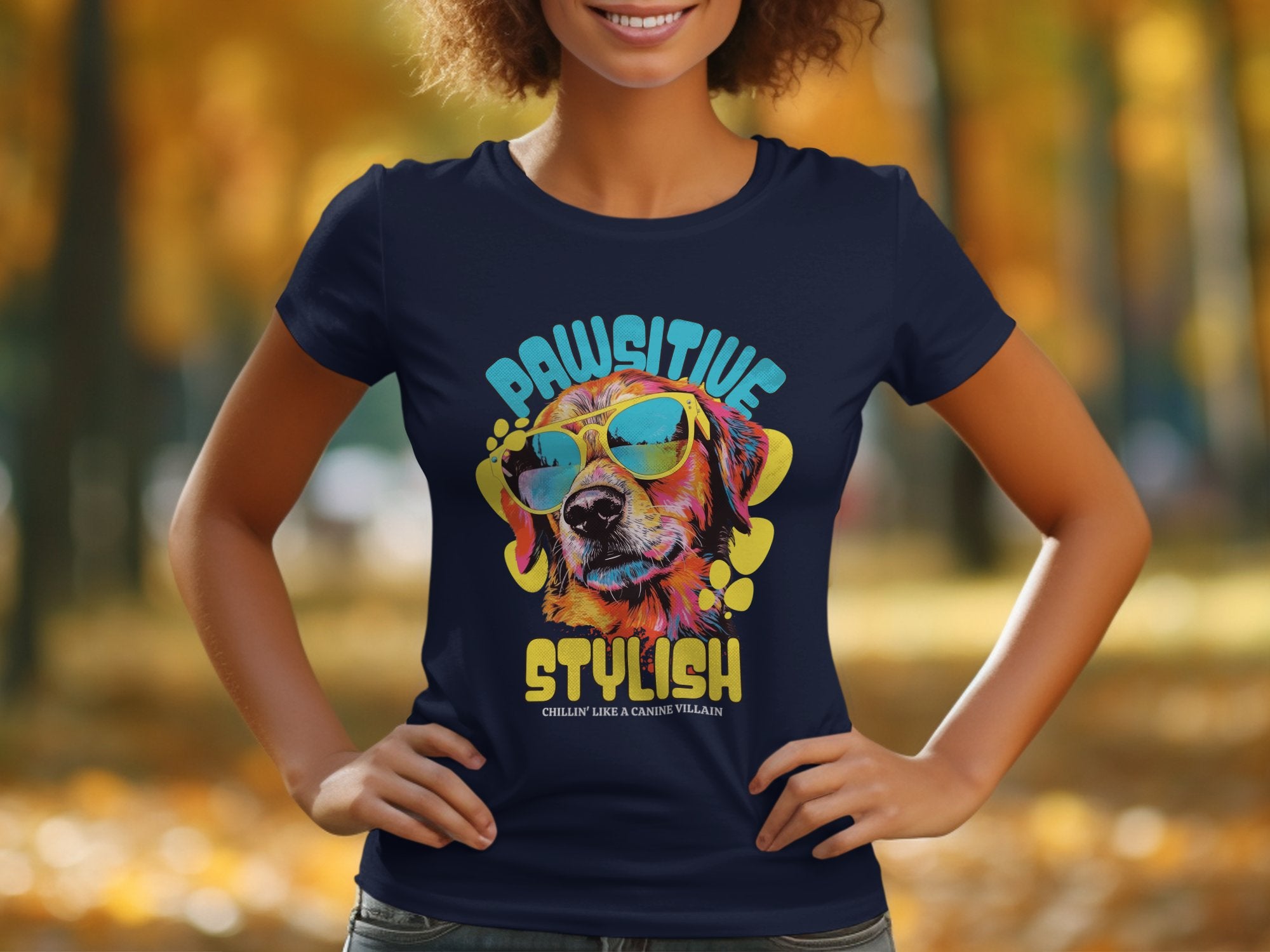A person wears a Garment Graphics womens navy blue T-shirt featuring a colorful dog in sunglasses and the text Pawsitive Stylish and Chilly Like A Canine Villain, set against autumn trees.