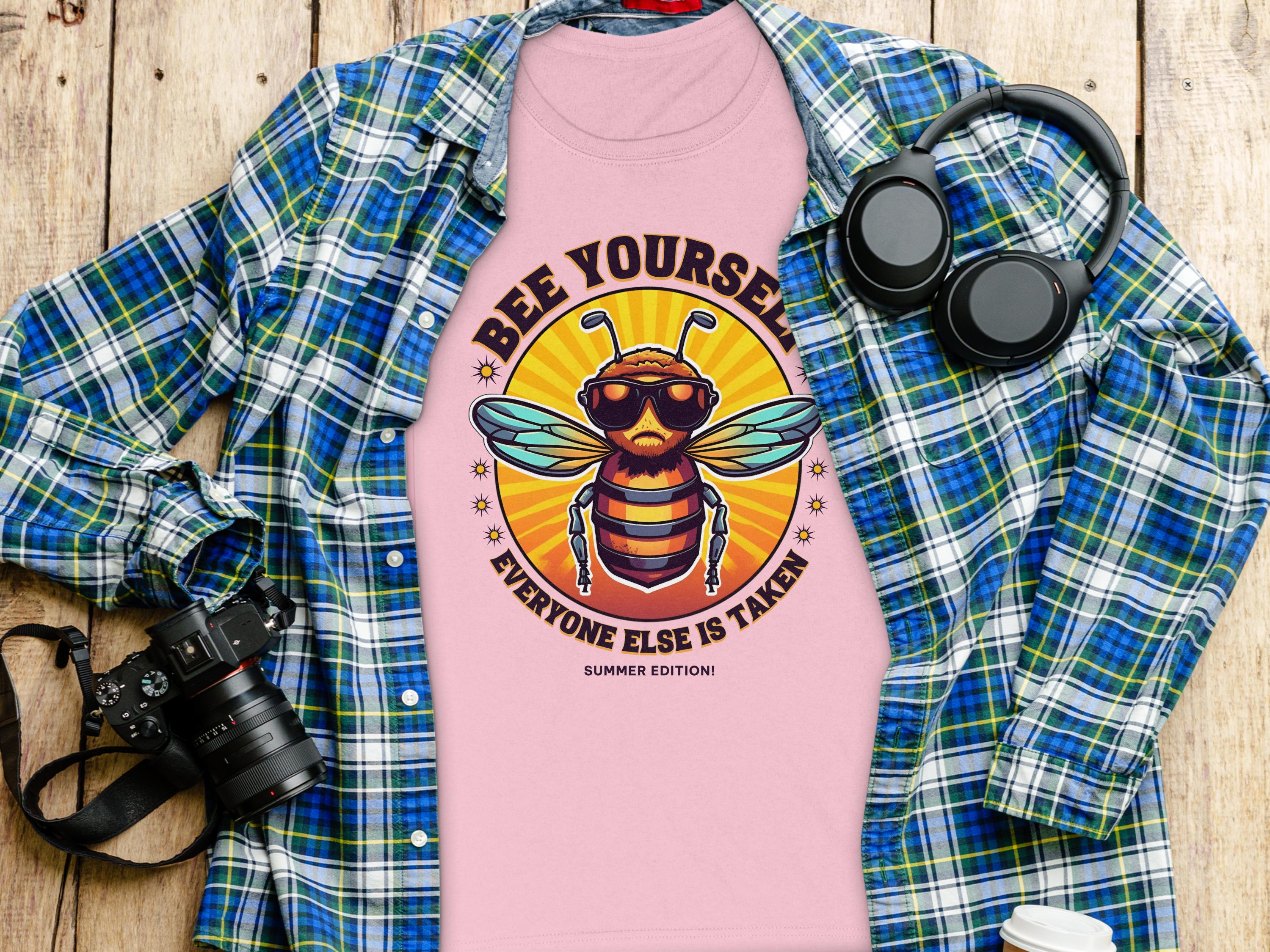Garment Graphics Bee Yourself T-Shirt features a cartoon bee with sunglasses and a crown, surrounded by Bee Yourself, Everyone Else is Taken, Summer Edition! Displayed on wood with a plaid shirt, camera, headphones, and coffee; now available in womens sizes.