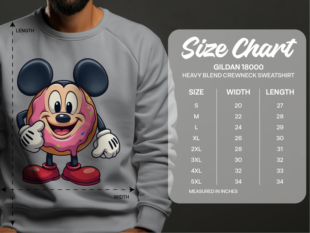 Someone is wearing a quirky Garment Graphics sweatshirt featuring a cute cartoon donut with mouse ears. Next to them is a size chart for the Gildan 18000 sweatshirt, highlighting measurements from S to 5XL.