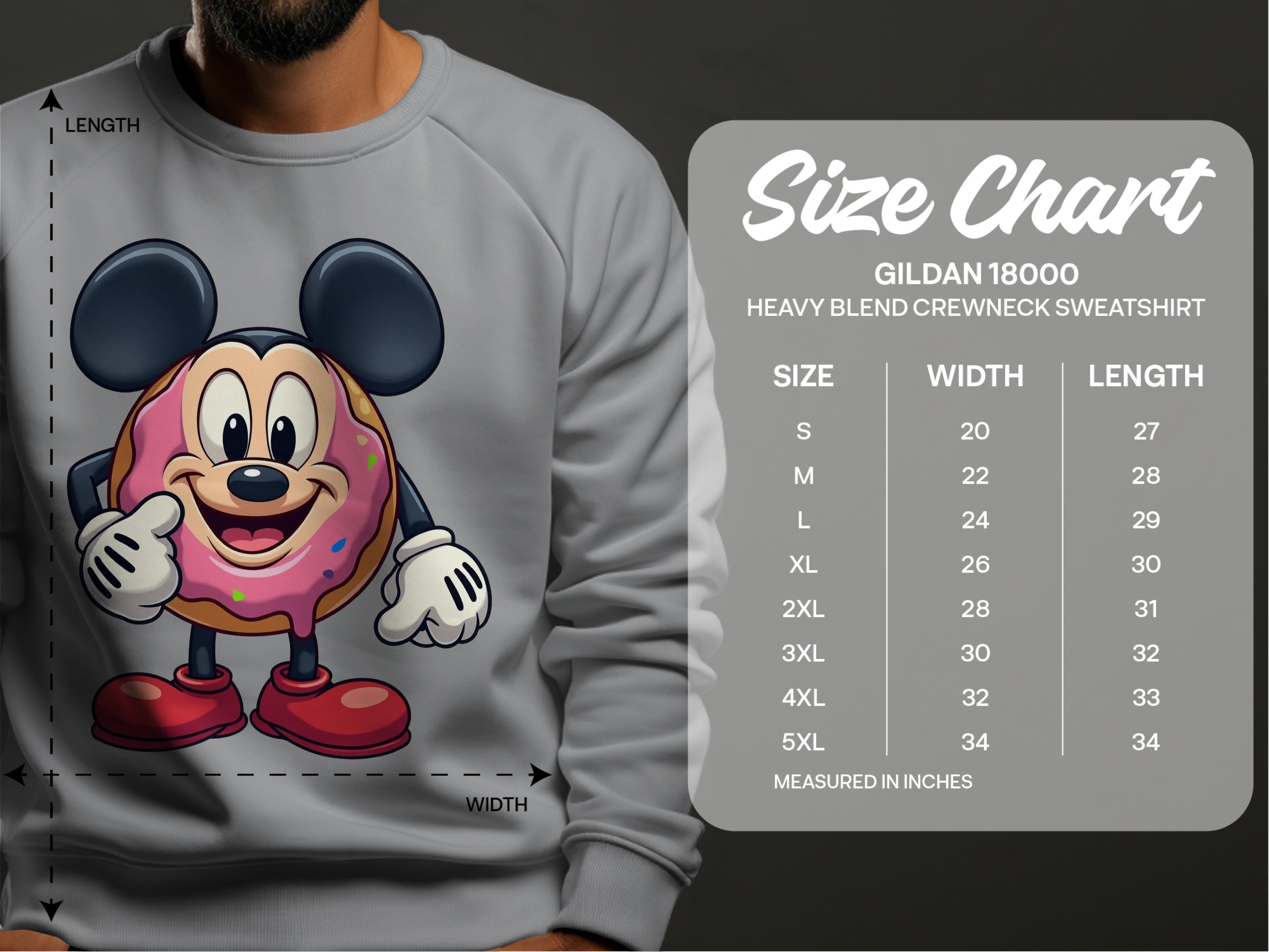 Someone is wearing a quirky Garment Graphics sweatshirt featuring a cute cartoon donut with mouse ears. Next to them is a size chart for the Gildan 18000 sweatshirt, highlighting measurements from S to 5XL.