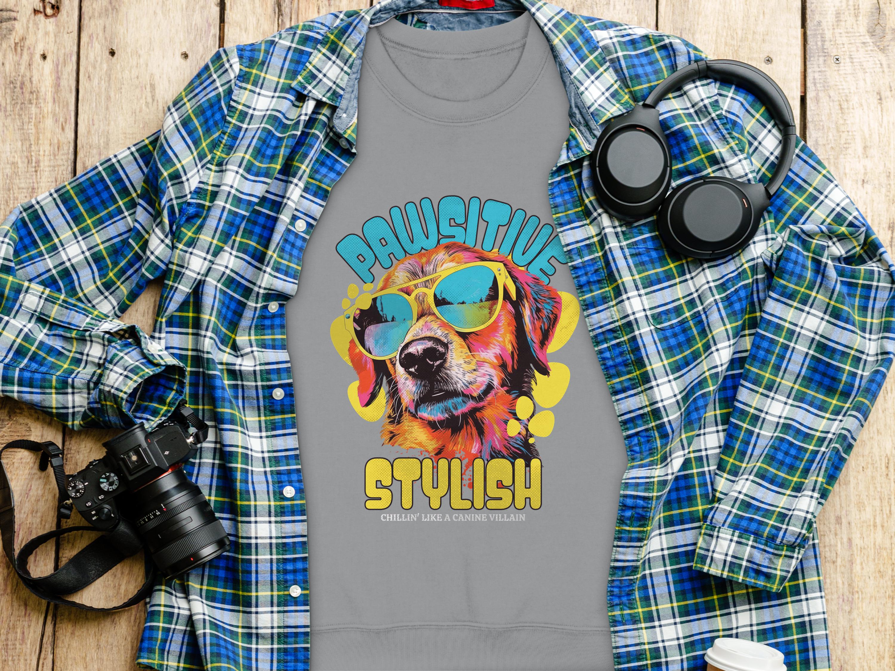 A Garment Graphics gray T-shirt with a vibrant dog in sunglasses and PAWSITIVE STYLISH text rests on wood. Nearby: a blue plaid shirt, black headphones, a camera, and a white cup with lid—ideal for dog lovers.