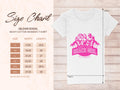 Image of a sizing chart for the Garment Graphics heavy cotton womens t-shirt. Features a white tee with a pink beach-themed graphic, perfect for Beach Girl T-Shirts or Always Party Apparel fans. Sizes Small to 3XL include width and length measurements in inches.