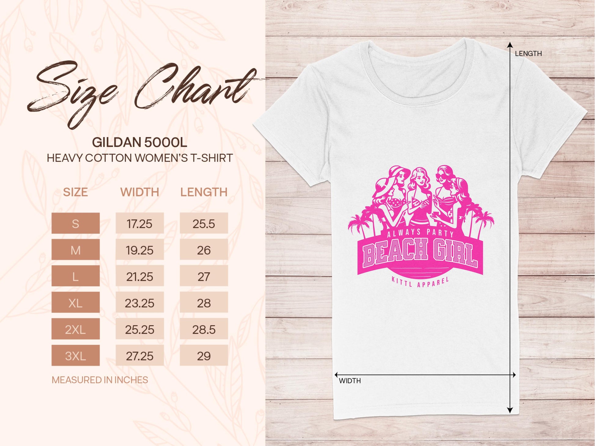Image of a sizing chart for the Garment Graphics heavy cotton womens t-shirt. Features a white tee with a pink beach-themed graphic, perfect for Beach Girl T-Shirts or Always Party Apparel fans. Sizes Small to 3XL include width and length measurements in inches.