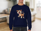 A person is wearing a Garment Graphics navy blue sweatshirt featuring a cheerful animated dog design, ideal for dog lovers. The background shows a blurred indoor scene.