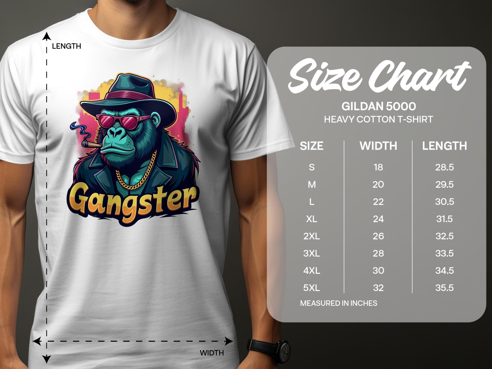 A man showcases Garment Graphics Gangster Gorilla T-Shirt, featuring an urban-style blue gorilla in a hat and sunglasses with a cigar. A classic fit Gildan 5000 heavy cotton size chart lists sizes S to 5XL, detailing widths and lengths nearby.